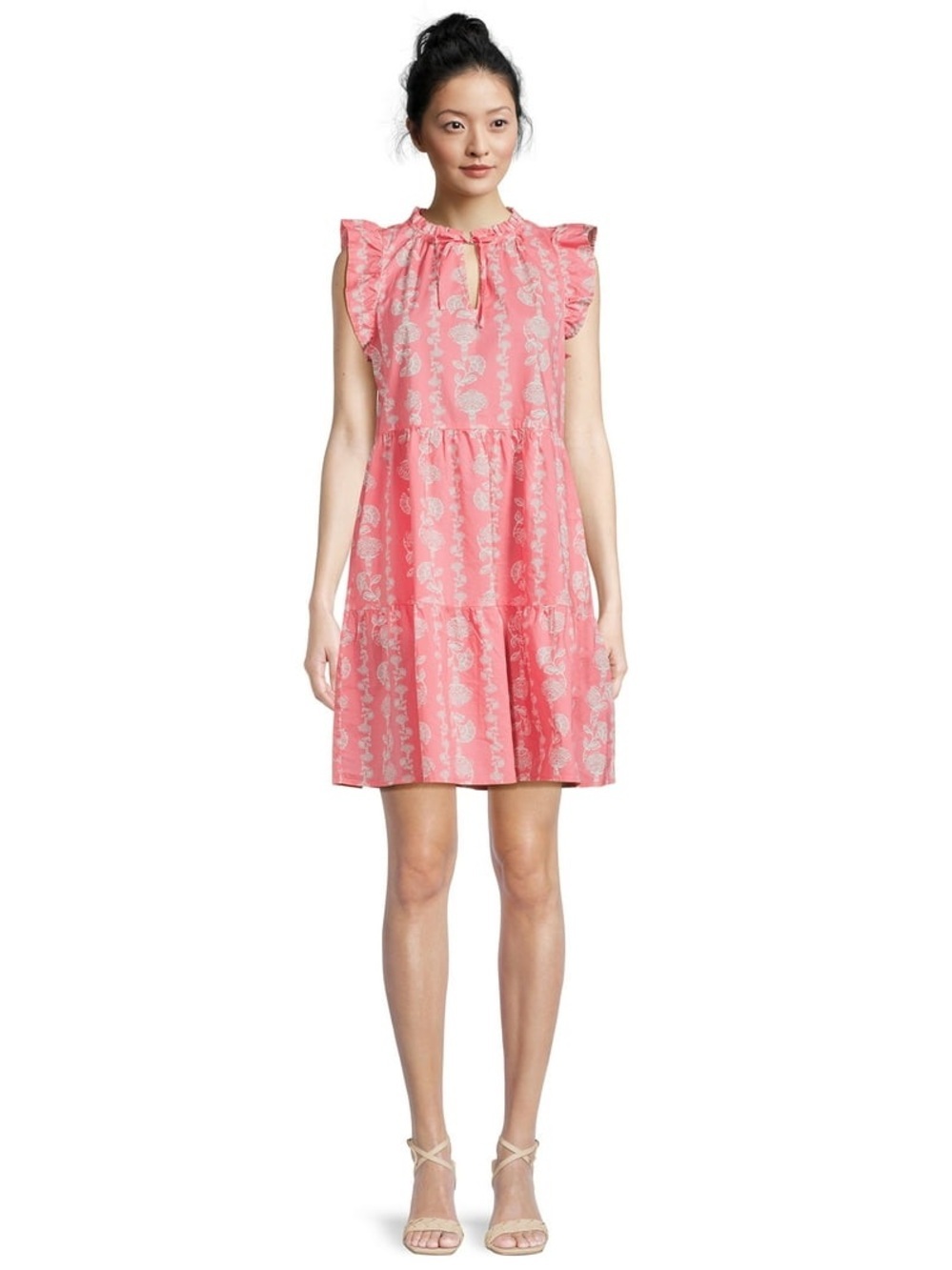 Time And Tru Coral Floral Tiered Cotton Poplin Flutter Sleeve Dress XXL 20